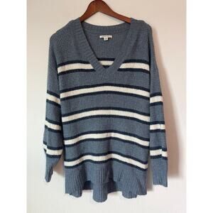 AMERICAN EAGLE Blue & White Striped Oversized V Neck Sweater